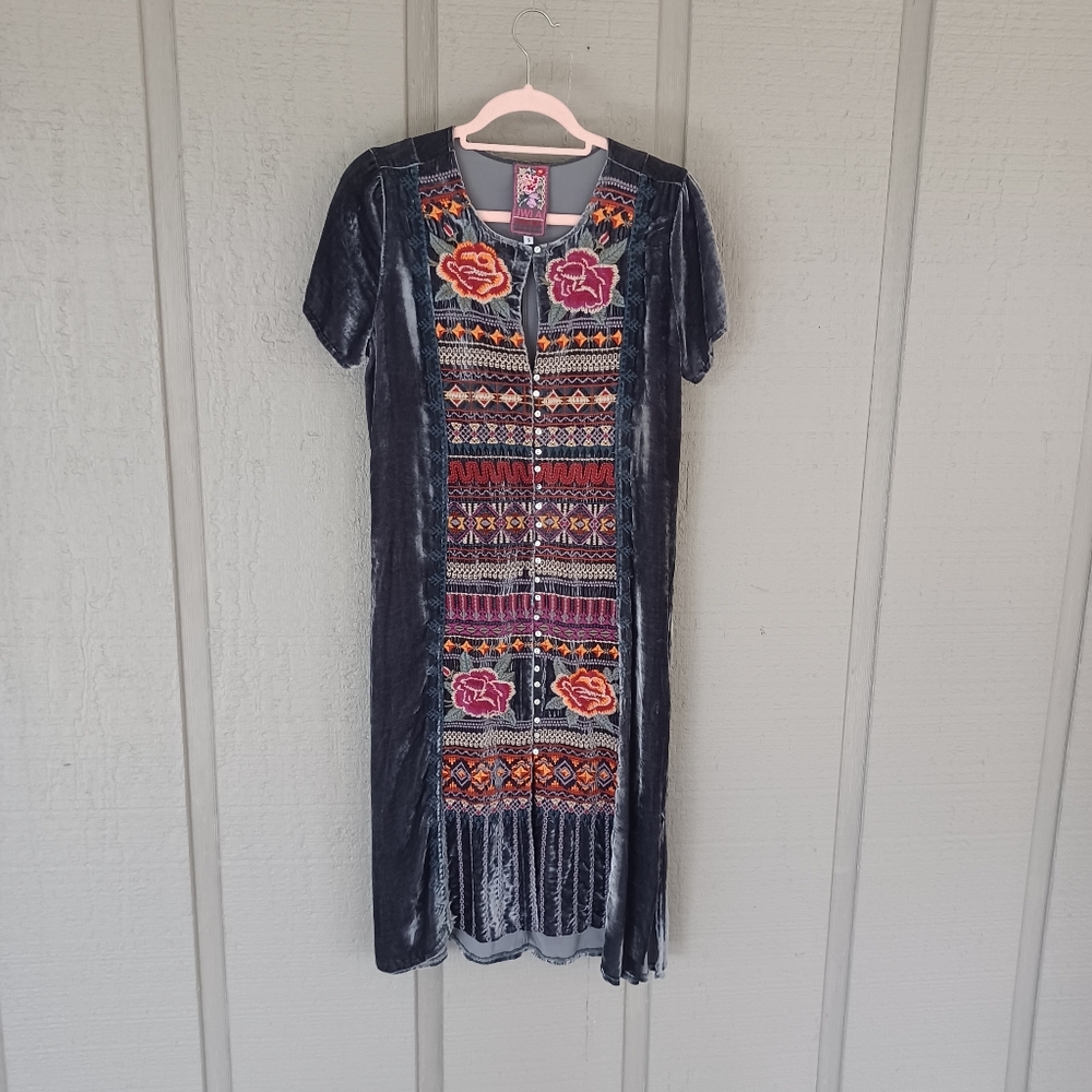 Johnny Was Rebekah Embroidered Velvet Dress Size S Women Boho Button Short Sleev